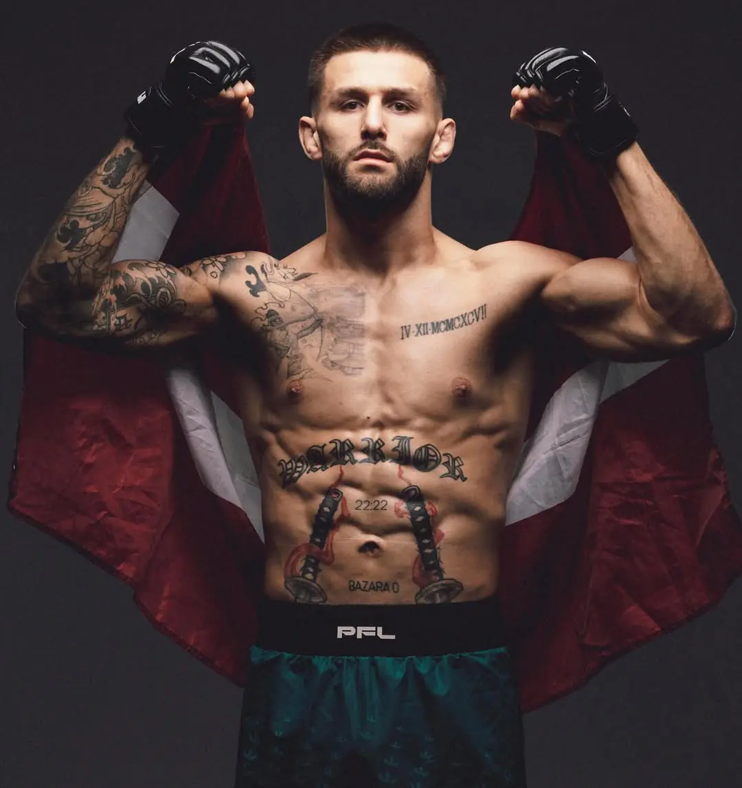 Alexander Chizov, PFL Europe Lightweight Champion 2025, with the Latvian flag